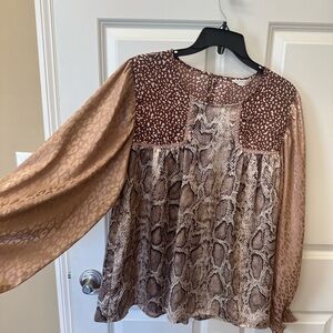 ODDY Tan and Brown Boxy Blouse with Long Sleeves